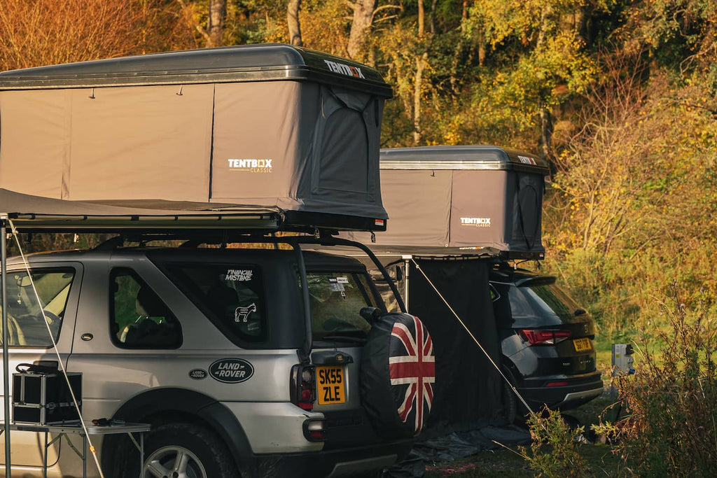 TentBox Classics setup in front of the trees at golden hour