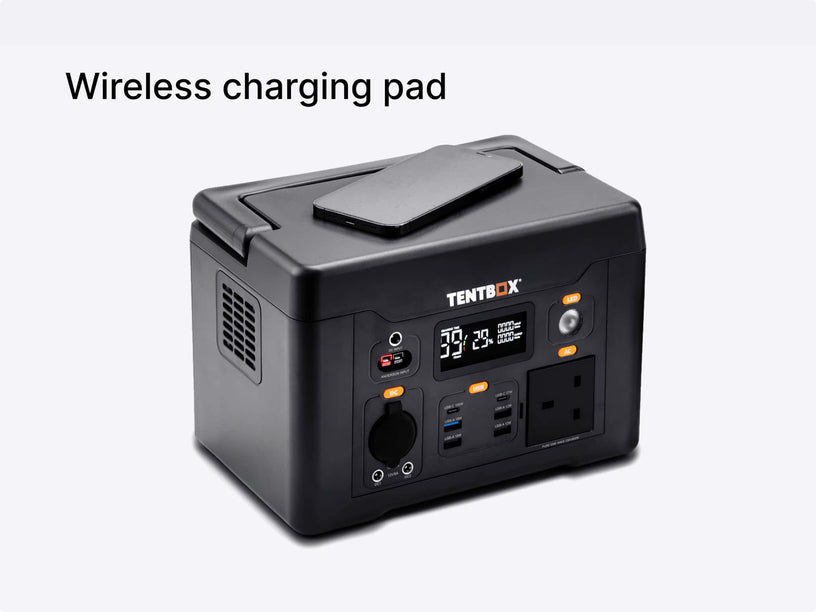 The TentBox PowerStation L has a wireless charging pad on the top for charging mobile devices