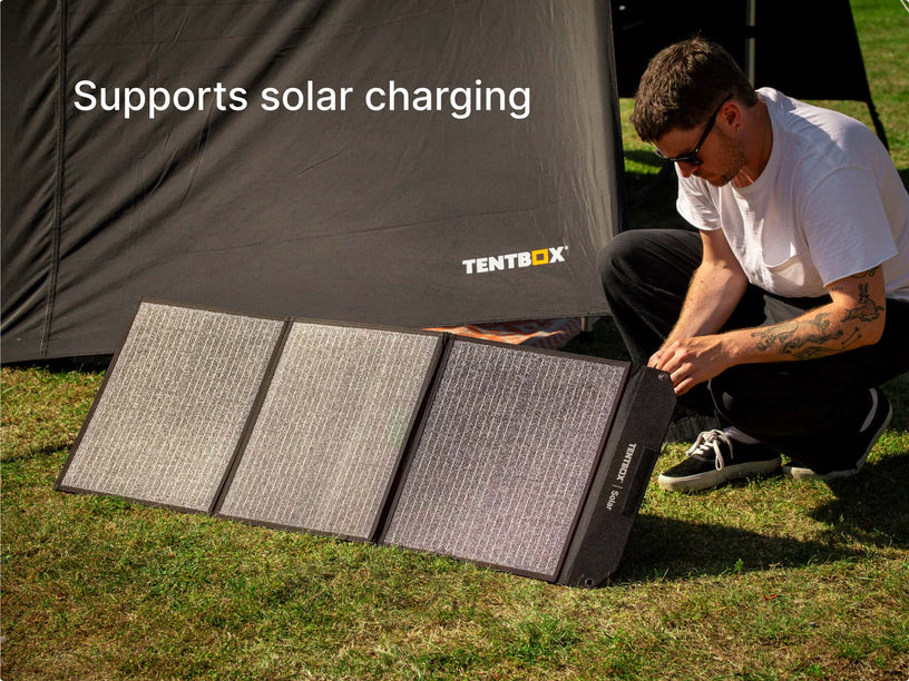 The TenBox PowerStation L also supports Solar charging - see our TentBox Solar Panel for the ultimate combination