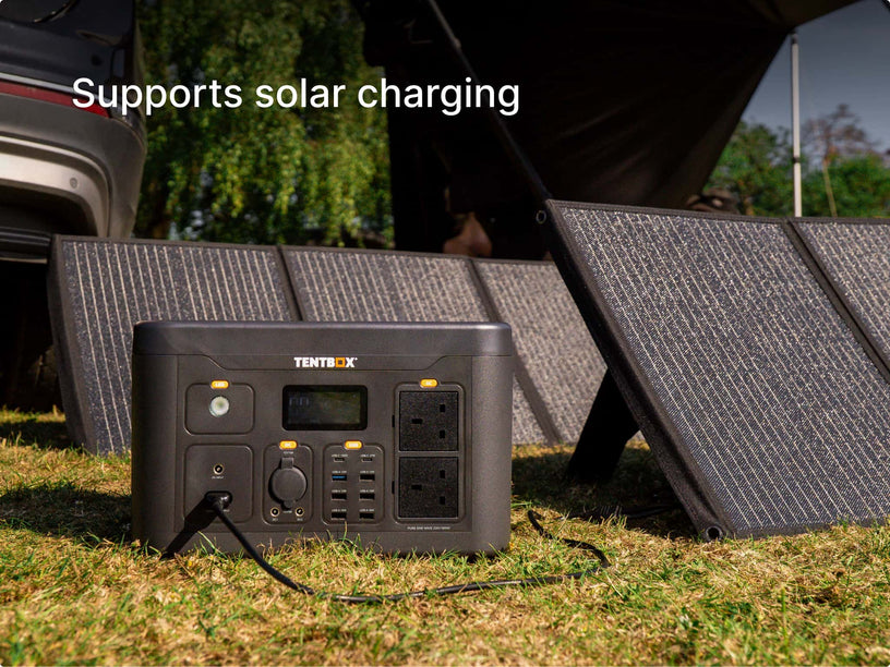 The TentBox PowerStation XL supports solar charging with up to two solar panels.