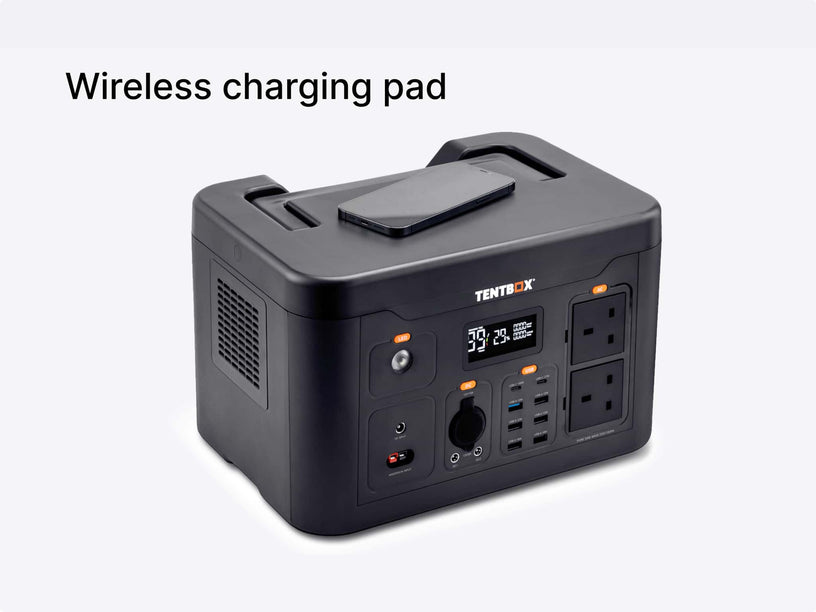 The TentBox PowerStation XL has a wireless charging pad located on the top of the unit for keeping mobile devices charged wirelessly.