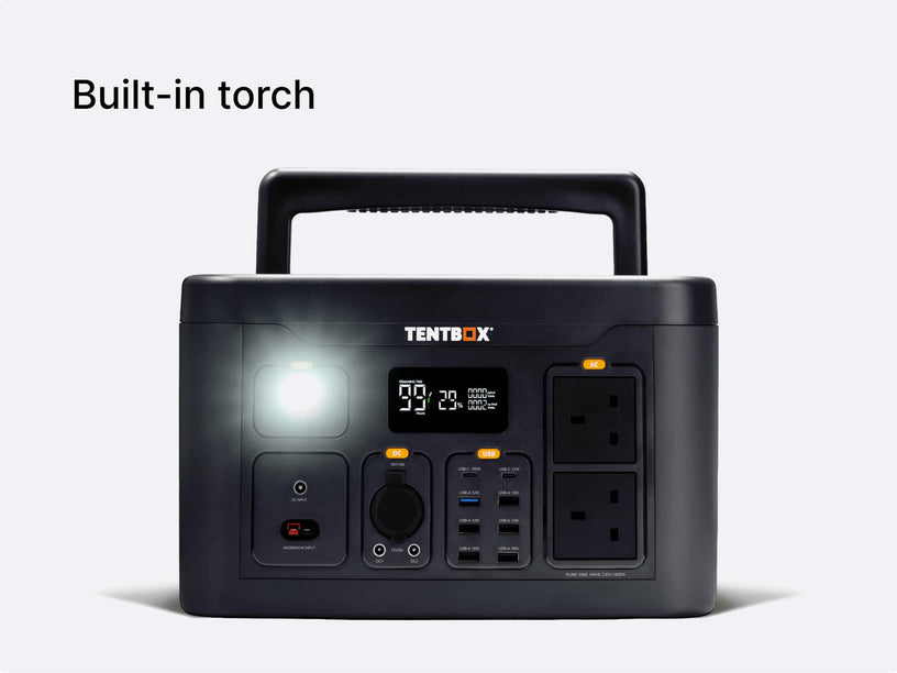 The TentBox PowerStation XL includes a built in torch to help keep evenings at camp well lit.