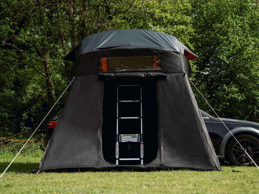 TentBox Lite XL Living Pod showing ladder access to the main roof tent