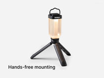 TentBox Tripod Light mounted on its tripod , with overlay text denoting "Hands-free mounting"