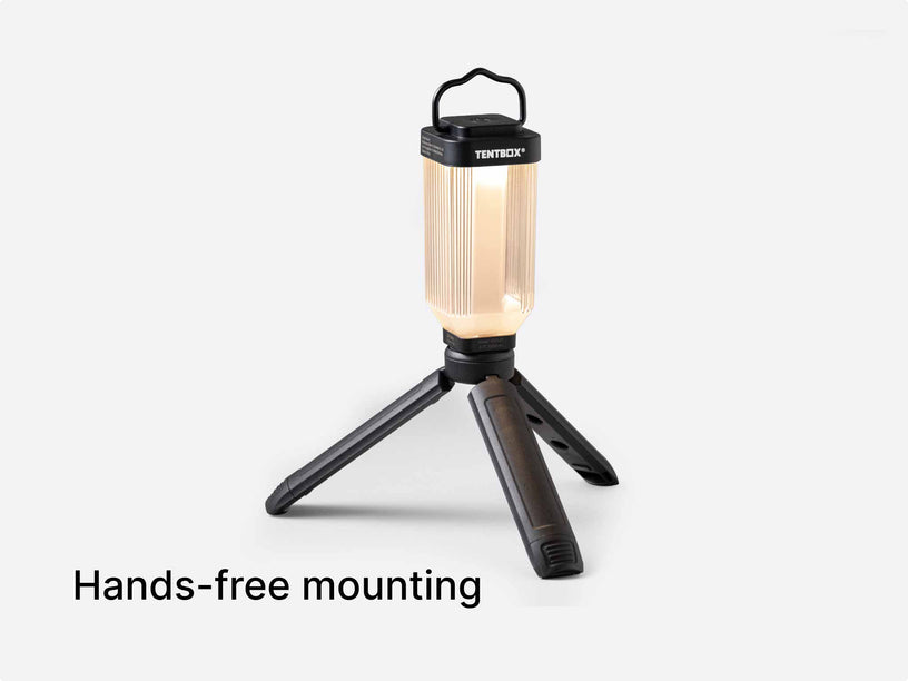 TentBox Tripod Light mounted on its tripod , with overlay text denoting "Hands-free mounting"