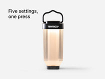 TentBox Tripod Light standing up without the tripod, with overlay text denoting its 5 settings