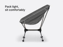 A studio image of the TentBox Camping Chair in grey, with overlay text showing how lightweight and comfortable it is