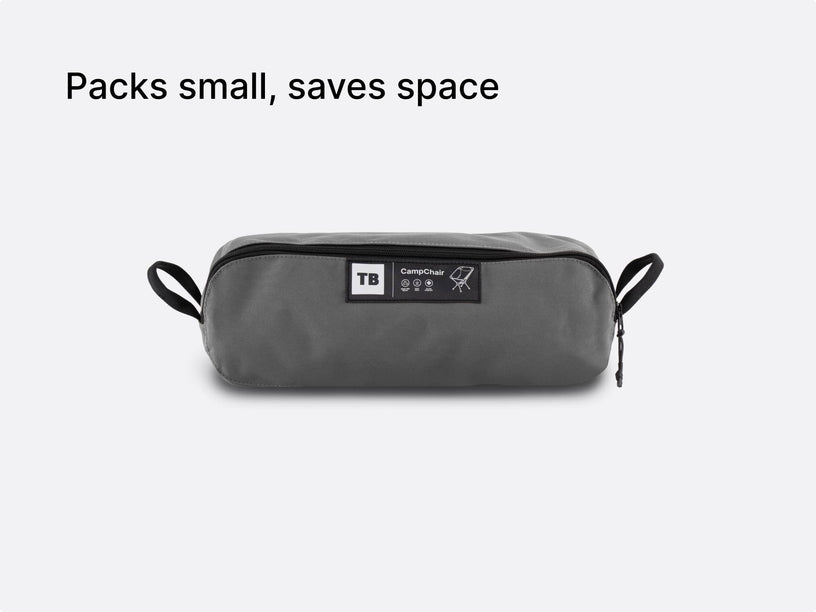 the TentBox Camping Chair in grey, packed down into its convenient, compact-sized storage bag