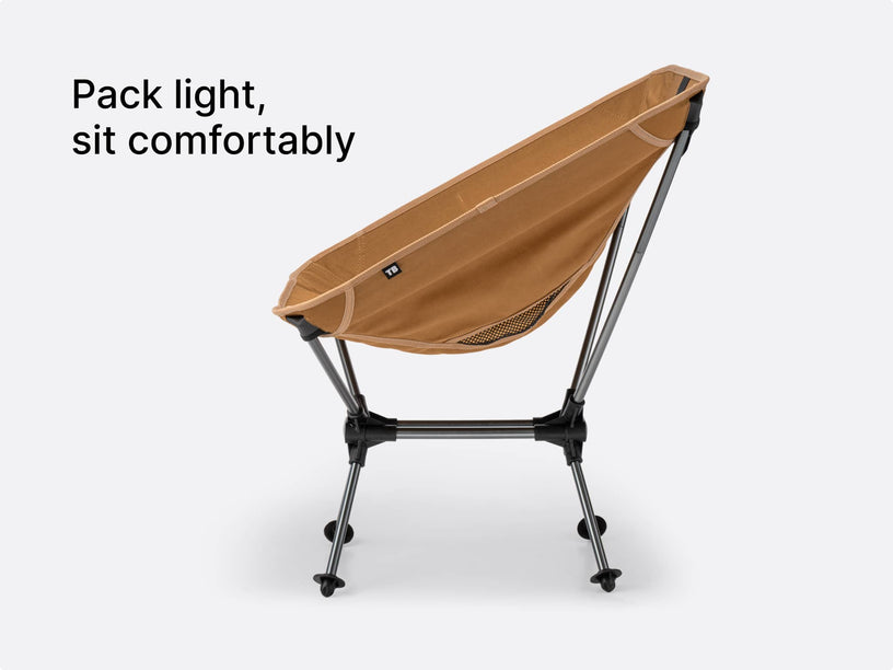 A studio image of the TentBox Camping Chair in khaki, with overlay text showing how lightweight and comfortable it is