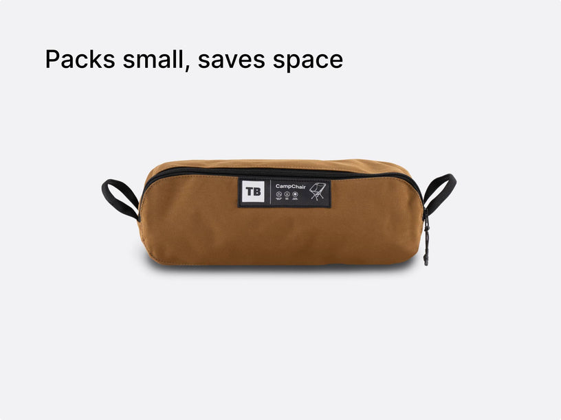 the TentBox Camping Chair in khaki, packed down into its convenient, compact-sized storage bag