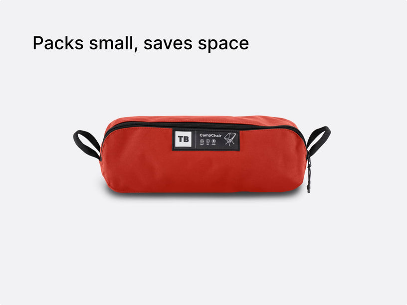the TentBox Camping Chair in red, packed down into its convenient, compact-sized storage bag