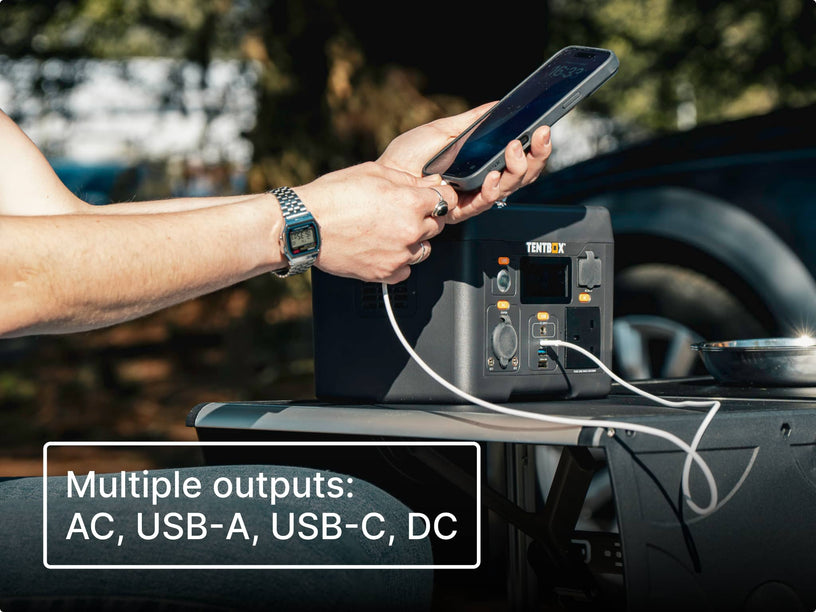 The TentBox PowerStation offers multiple outputs - including AC, USB-A, USB-C & DC. 