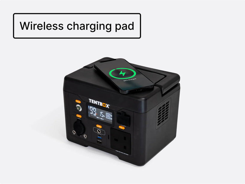 The TentBox PowerStation M has a wireless charging pad on top, for charging mobile devices.