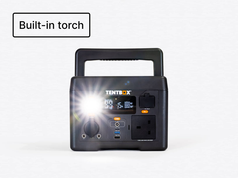 The TentBox PowerStation M has a built in torch to make life easier at night around camp.