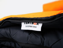 TentBox Sleeping Bag - close up view of label