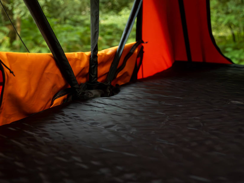 Interior of TentBox Lite with close-up on mattress topper