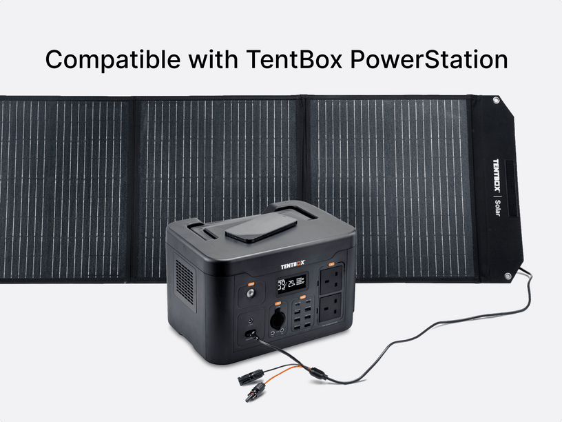 TentBox PowerStation with a solar panel on a white background. 