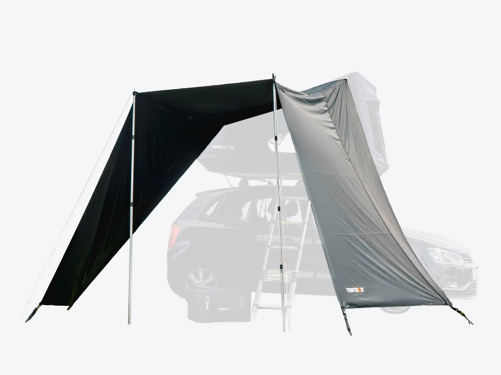 Car with a TentBox GO and Tunnel Awning set up on a white background
