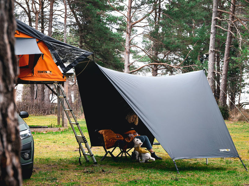 Woman and dog relaxing under the TentBox Lite 1.0 Tunnel Awning