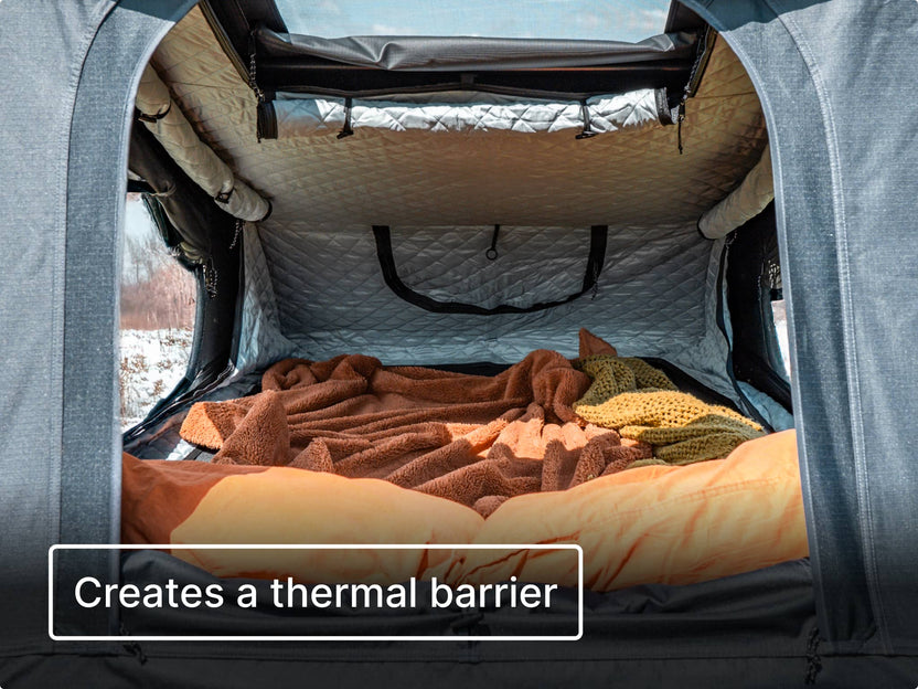 TentBox GO Thermal Kit interior with blankets and text that reads 'Creates a thermal barrier'.