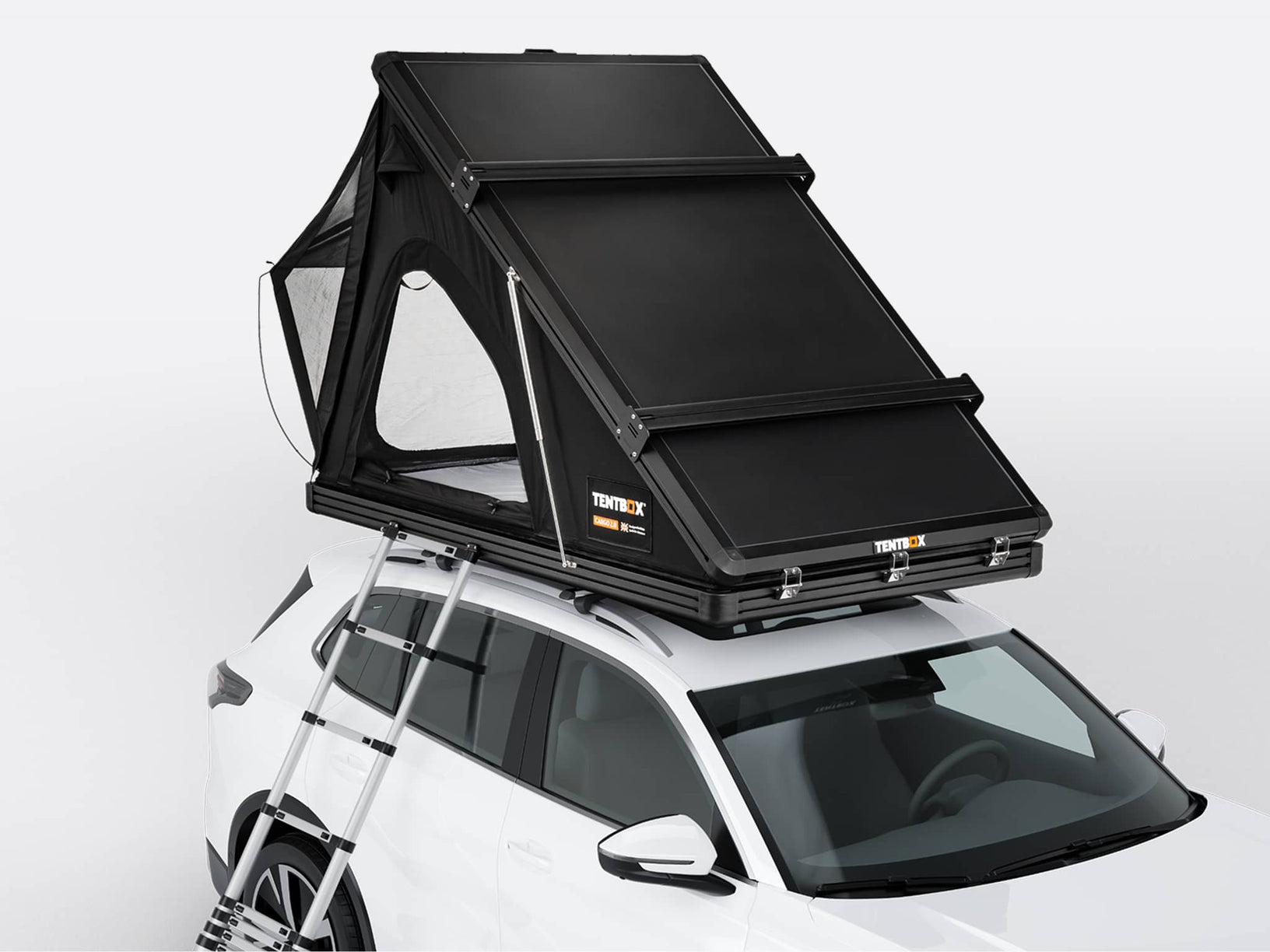 The TentBox Cargo 2.0 roof tent in Midnight colour on top of a car