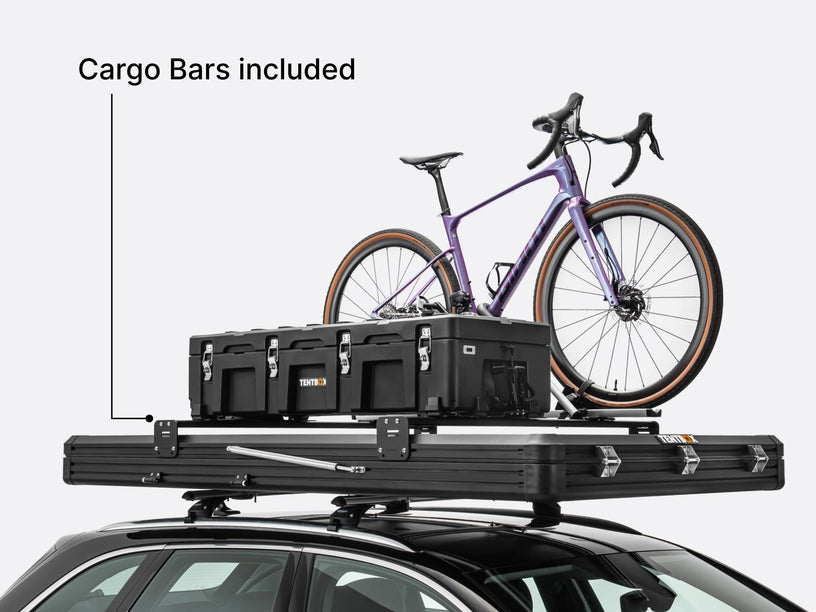 TentBox Cargo 2.0 roof tent on top of a car with bike and cargo box showing Cargo Bars included