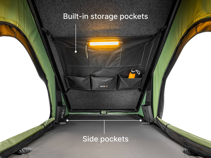 TentBox Cargo 2.0 roof tent interior with built-in storage pockets and side pockets highlighted.