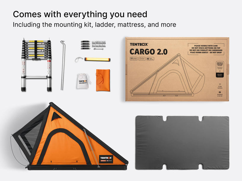 TentBox Cargo 2.0 roof tent flat lay showing everything included in the box