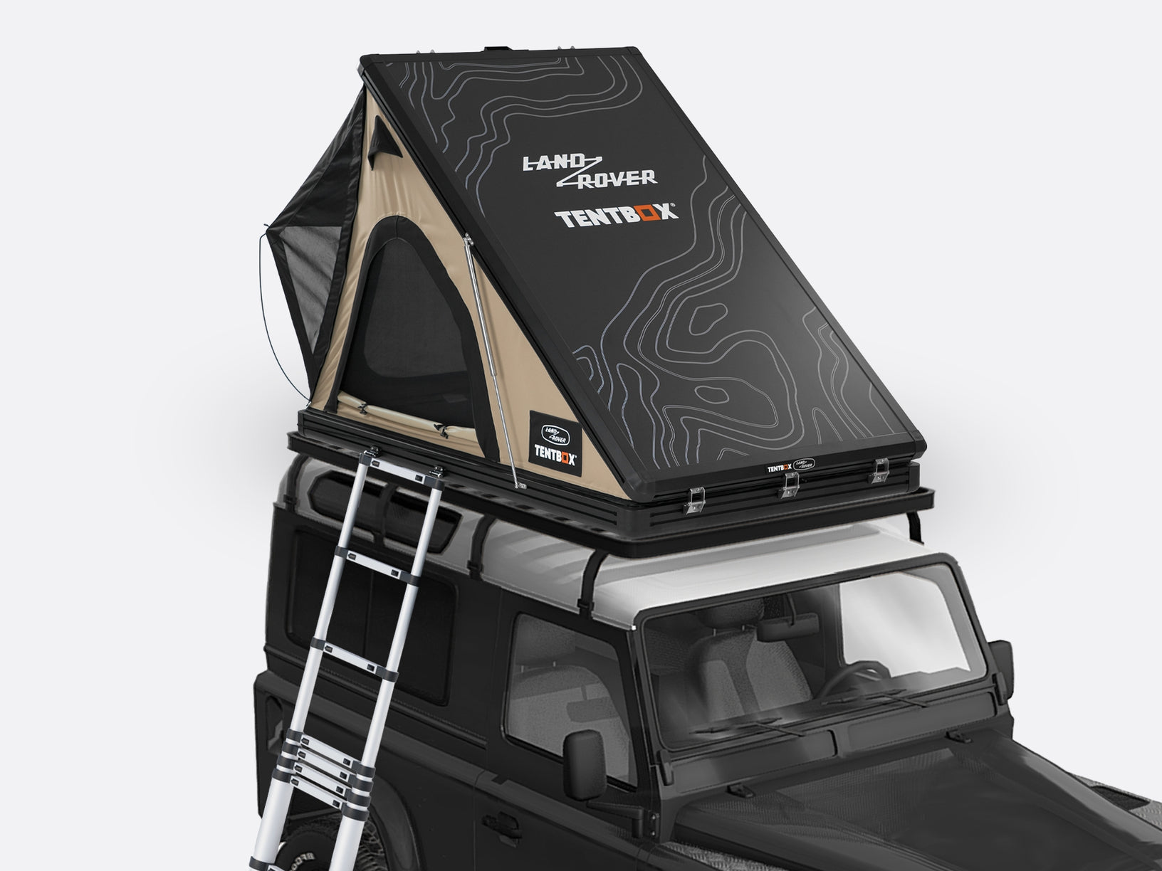 The TentBox Cargo 2.0 roof tent in Land Rover exclusive colour on top of a car