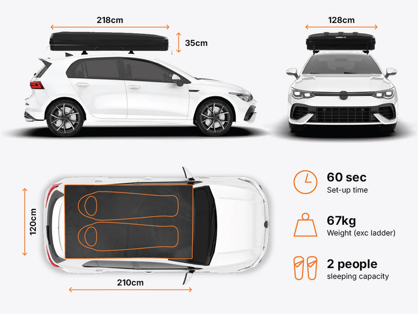 The dimensions and key specifications of the TentBox Classic roof tent