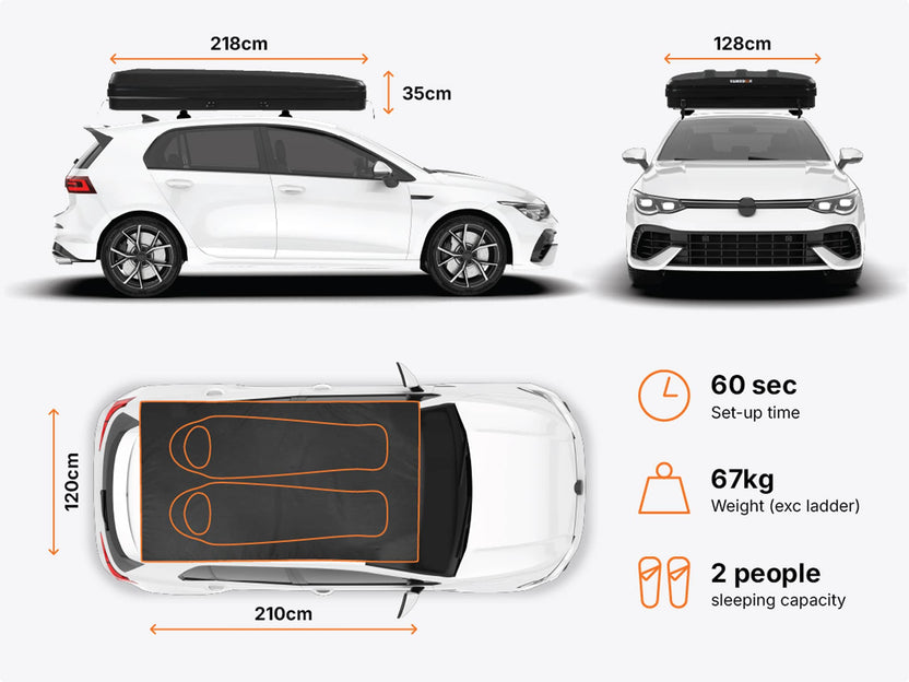 The dimensions and key specifications of the TentBox Classic roof tent