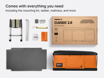 A flatlay showing what's included with the Classic roof tent - including the mounting kit, ladder, mattress and more. 