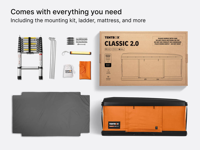 A flatlay showing what's included with the Classic roof tent - including the mounting kit, ladder, mattress and more. 