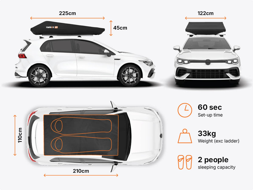 The dimensions and technical specification diagrams of the TentBox GO roof tent