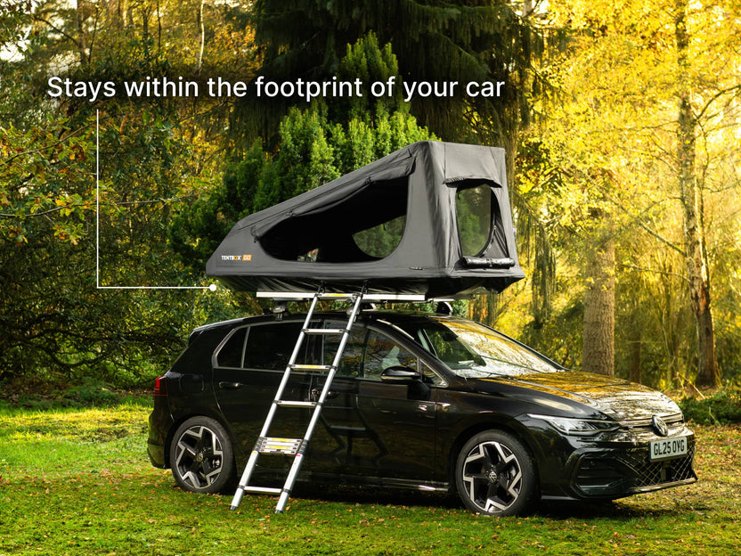 The TentBox GO roof tent on the top of a VW car showing it stays within the footprint of the vehicle