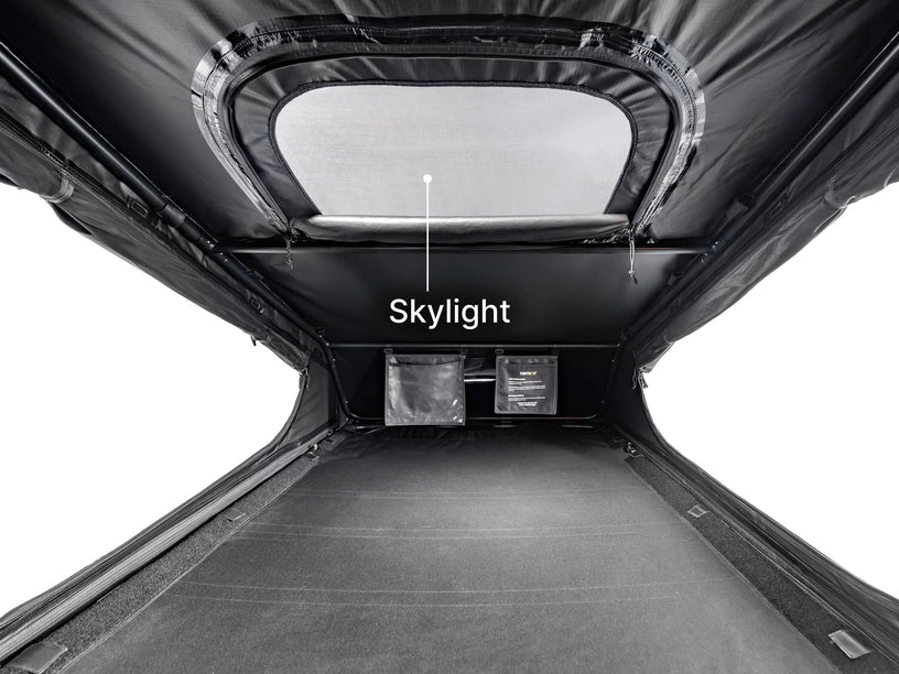 An internal shot of the TentBox GO roof tent showing the skylight
