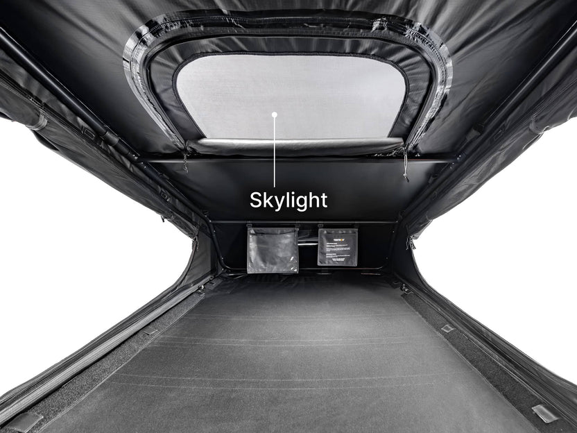 An internal shot of the TentBox GO roof tent showing the skylight