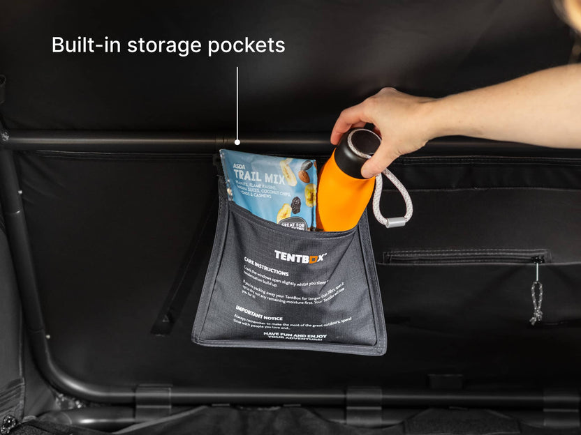The TentBox GO roof tent has built-in storage pockets