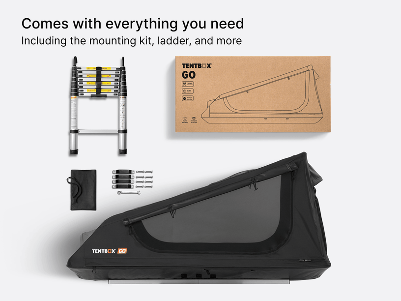 A flatlay showing the TentBox GO roof tent and everything included in the box - includes the mounting kit, ladder, and more. 