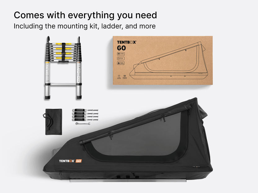 A flatlay showing the TentBox GO roof tent and everything included in the box - includes the mounting kit, ladder, and more. 