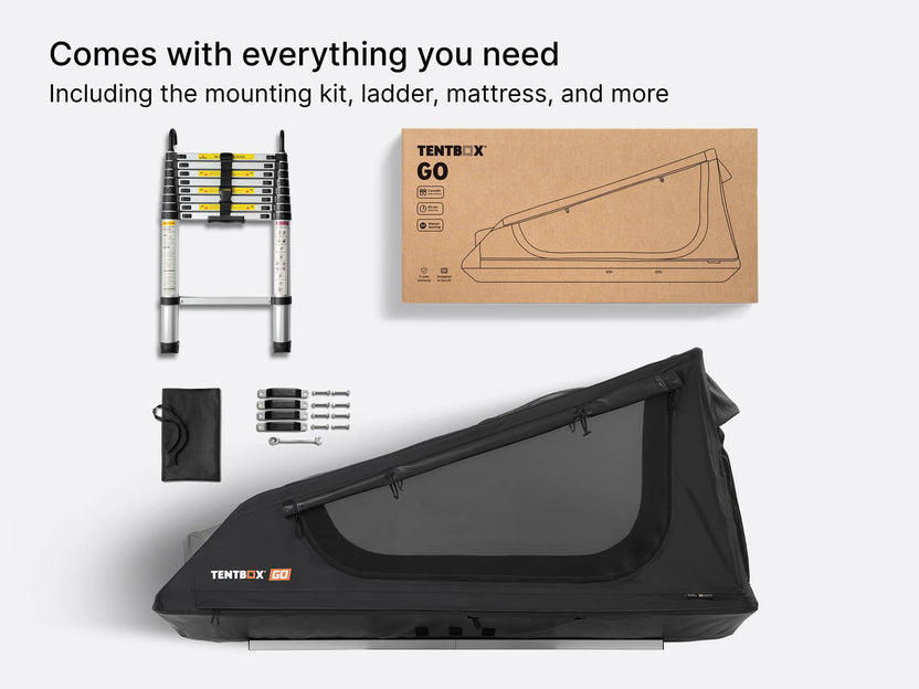 A flatlay showing the TentBox GO roof tent and everything included in the box - includes the mounting kit, ladder, mattress and more. 