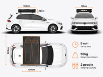 New TentBox Lite roof tent with dimensions and setup information displayed on a white background