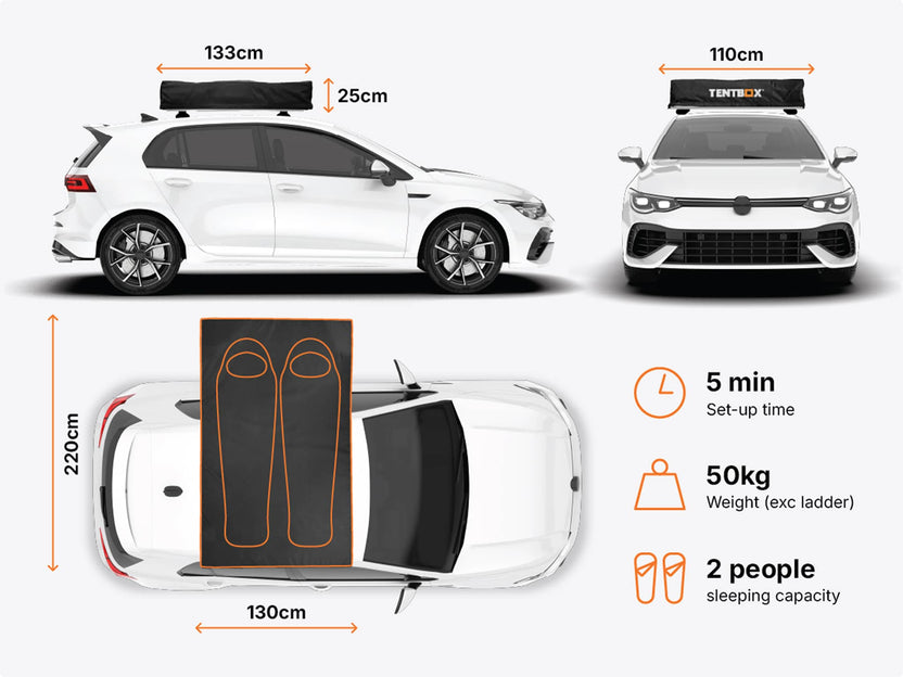 New TentBox Lite roof tent with dimensions and setup information displayed on a white background