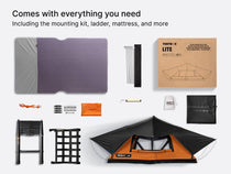 A flatlay image showing everything which comes with the new TentBox Lite roof tent - including mounting kit, ladder, matress and more. 