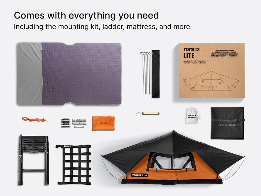 A flatlay image showing everything which comes with the new TentBox Lite roof tent - including mounting kit, ladder, matress and more. 