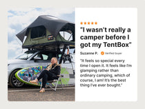 TentBox Lite 2.0 in use at a campsite next to a glowing customer review praising comfort and convenience