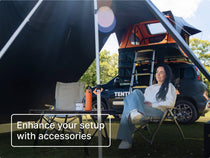 TentBox Lite 2.0 campsite setup featuring Tunnel Awning, Chuck Box, camping chairs and table for added outdoor comfort