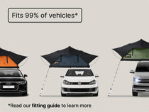 Infographic showing TentBox Lite 2.0 in multiple colours mounted on a variety of vehicles including SUV, estate, and van