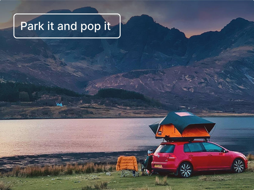 TentBox Lite 2.0 opened beside a lake in the Lake District, at sunset, with a stunning landscape all around
