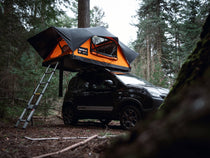 TentBox Lite 2.0 in woodland camping scene, parked next to a tree